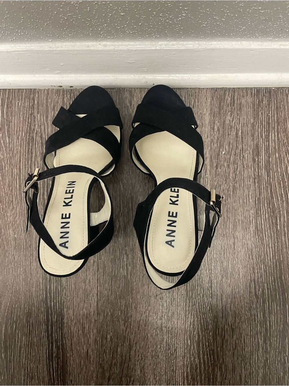 Anne Klein Black Crisscross Open-Toe Ankle-Strap Heels